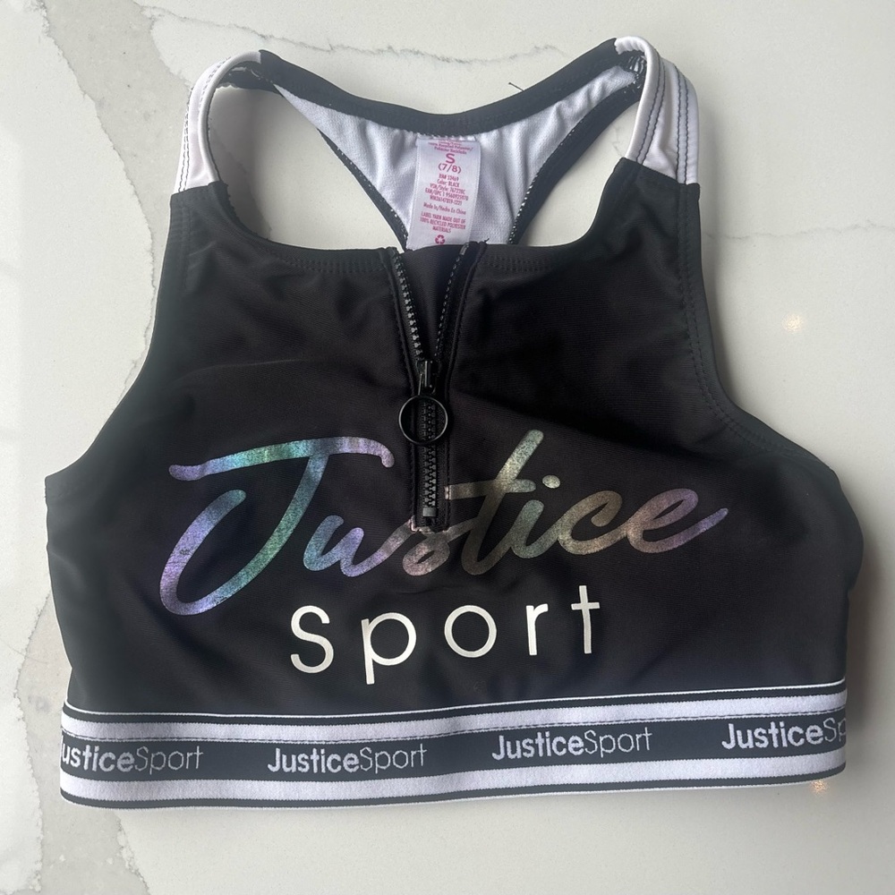 Justice Sport Black Longline Zip-Front Bikini Top Girls Size 7/8